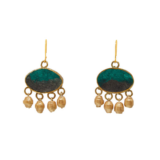 A pair of green oval hook earrings, each with four pendants.